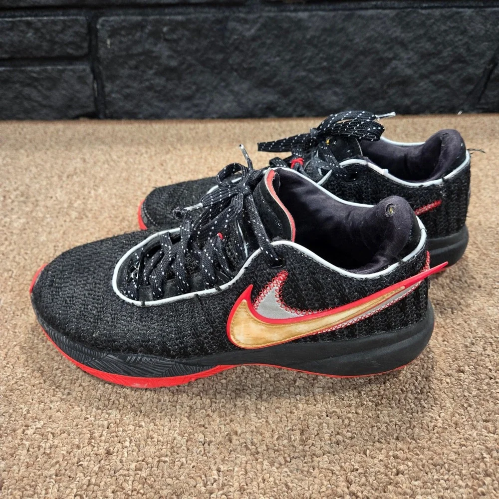 Nike LeBron 20 Basketball Shoes Mens Black Red Gold Knit Low Top Sneakers